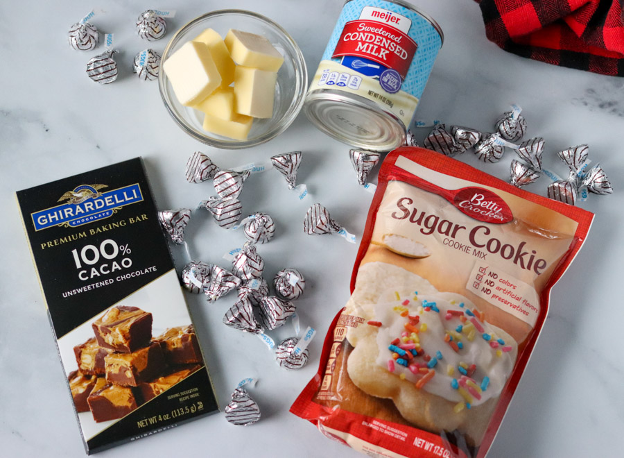 sugar cookie mix, butter, chocolate laid out to make cookies