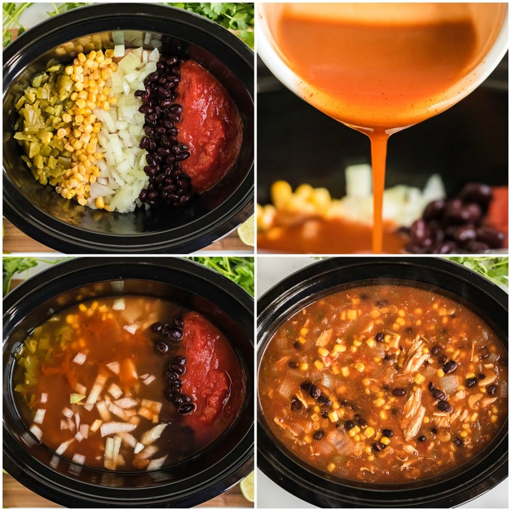 process shots of making chicken tortilla soup in the crock pot