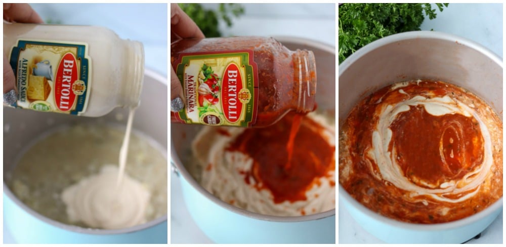 jars pouring into a pot making rosa sauce
