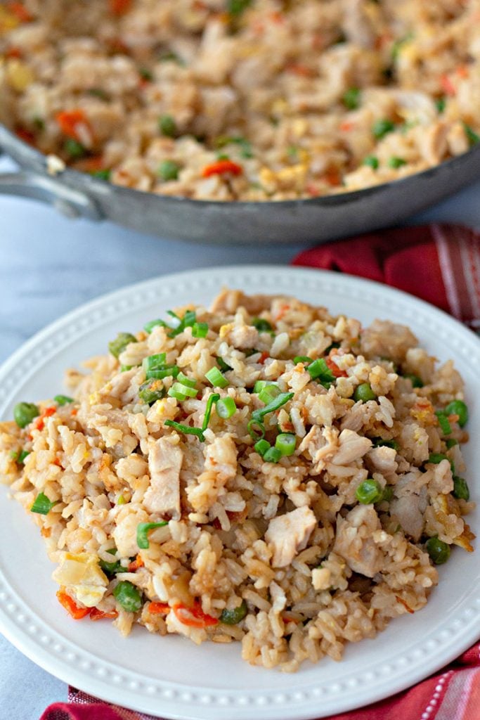 plated fried rice with skillet in background