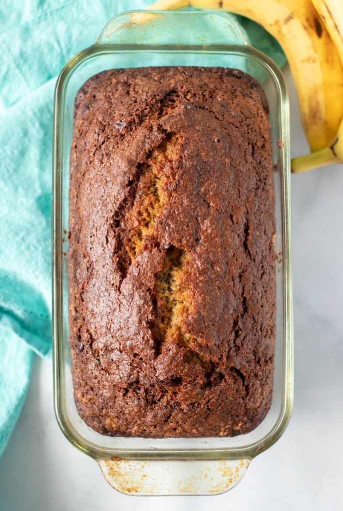 overhead shot of banana bread in loaf pan