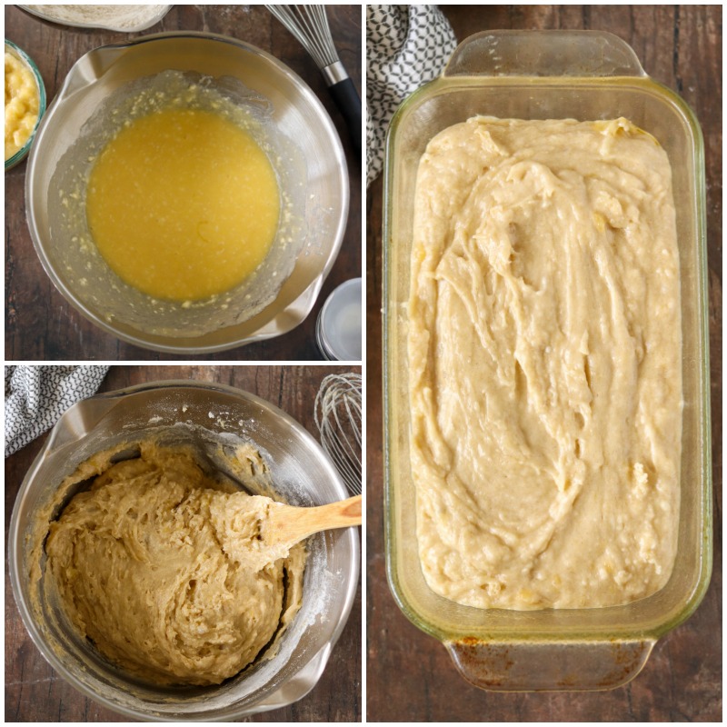 mixing bowl with banana bread batter