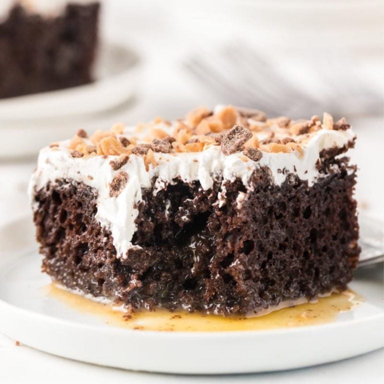 slice of better than sex cake on a white plate