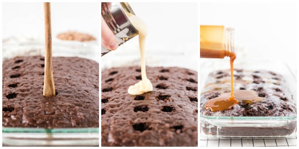 pouring condensed milk & caramel sauce into a chocolate poke cake