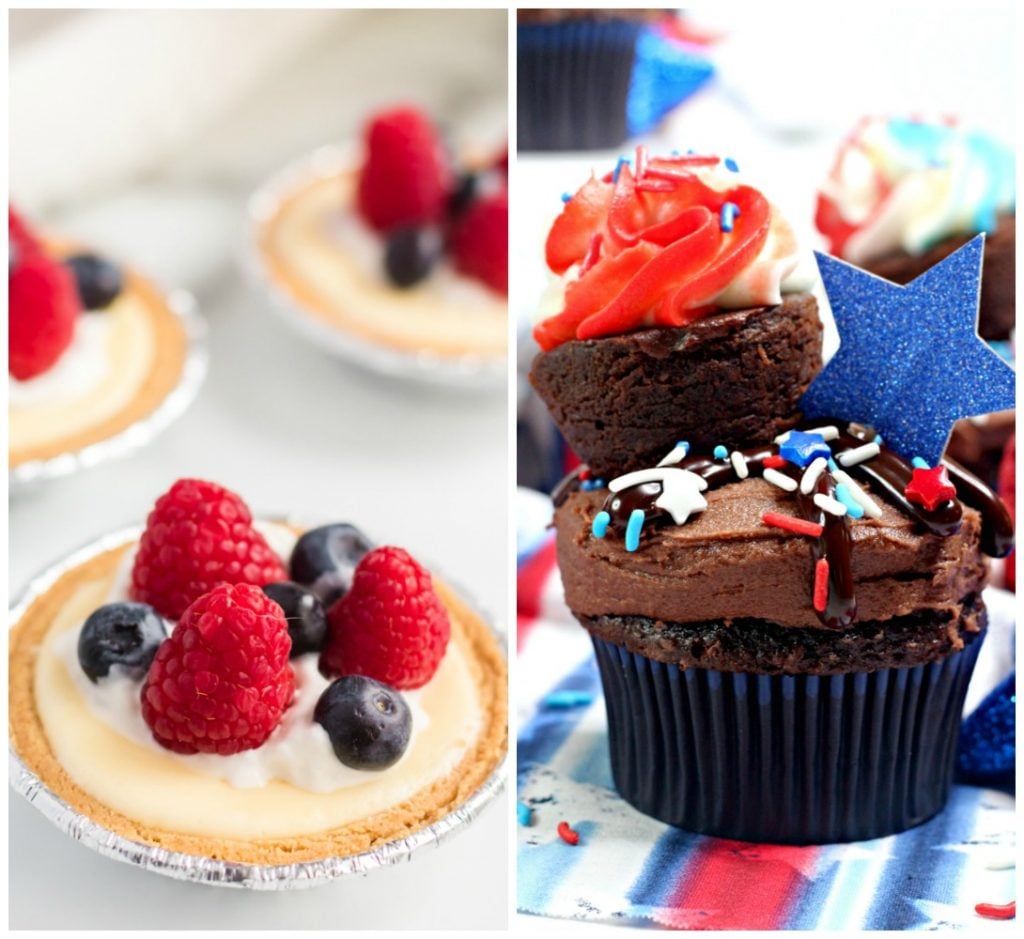 collage of mini cheesecakes & patriotic cupcakes