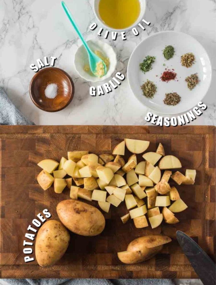 overhead shot of diced potatoes & seasonings