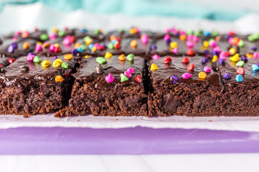 side view of rainbow chip brownies.