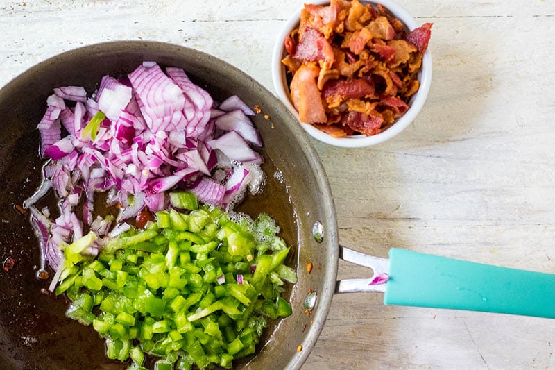 skillet with onion & green peppers