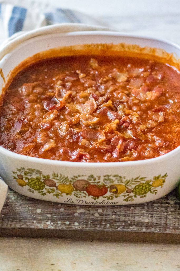 baked beans in vintage pyrex
