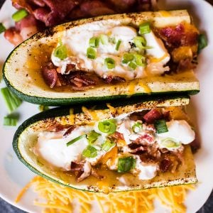 overhead shot of cheesy zucchini skins