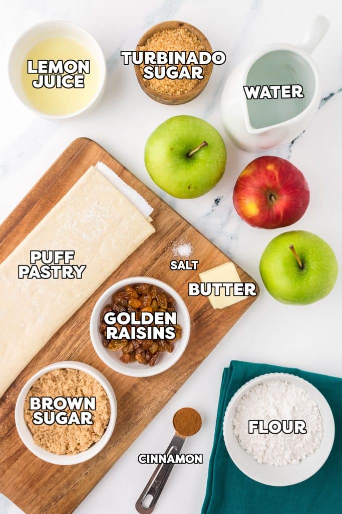 overhead shot of labeled ingredients laid out to make apple strudel.