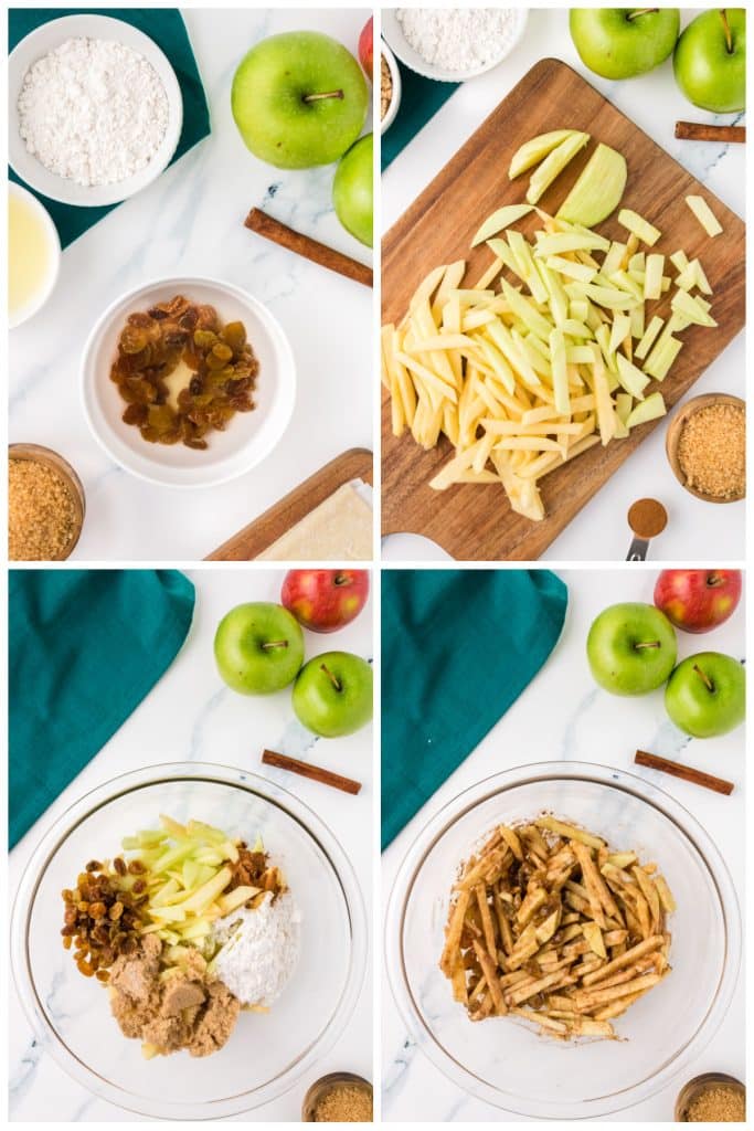 collage of 4 photos showing the process of making apple strudel filling.