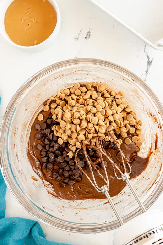 chocolate chips & peanut butter chips in brownie batter.