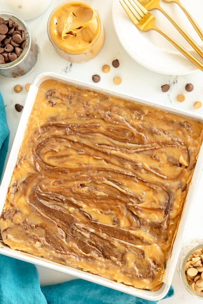 swirled peanut butter frosted brownies.