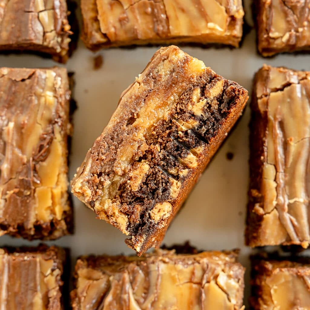 a peanut butter swirl brownie turned on its side.