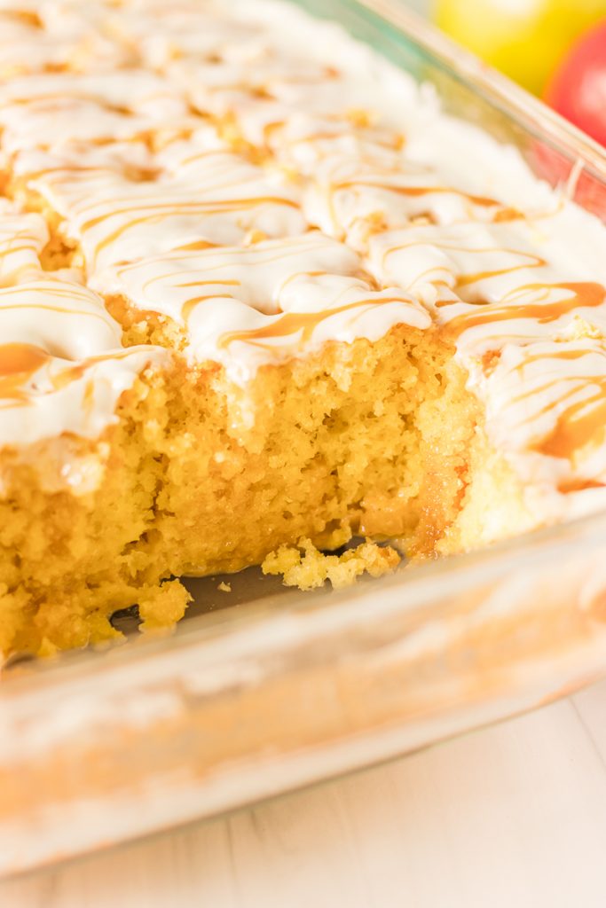 9x13 baking dish cake with slices taken out