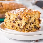 slice of chocolate chip snack cake on white plate