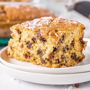slice of chocolate chip snack cake on white plate