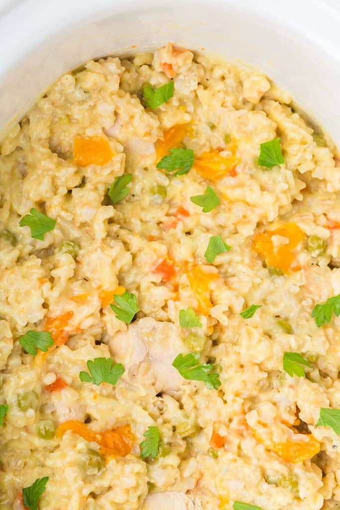 closeup of chicken and rice in a slow cooker topped with parsley.