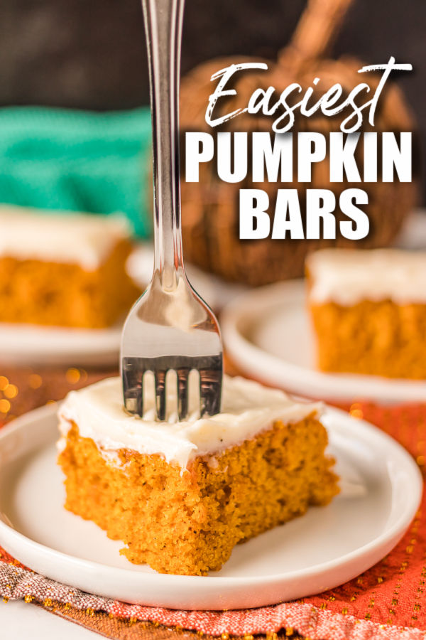 fork sticking into a pumpkin bar with pumpkin bars text overlaid