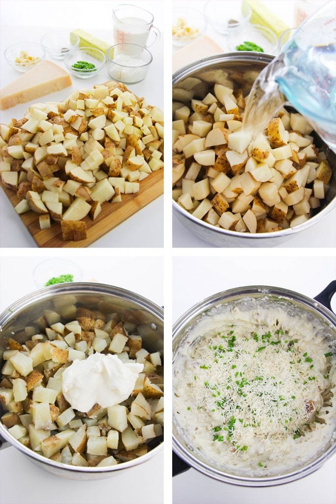 collage of step by step images making garlic mashed potatoes