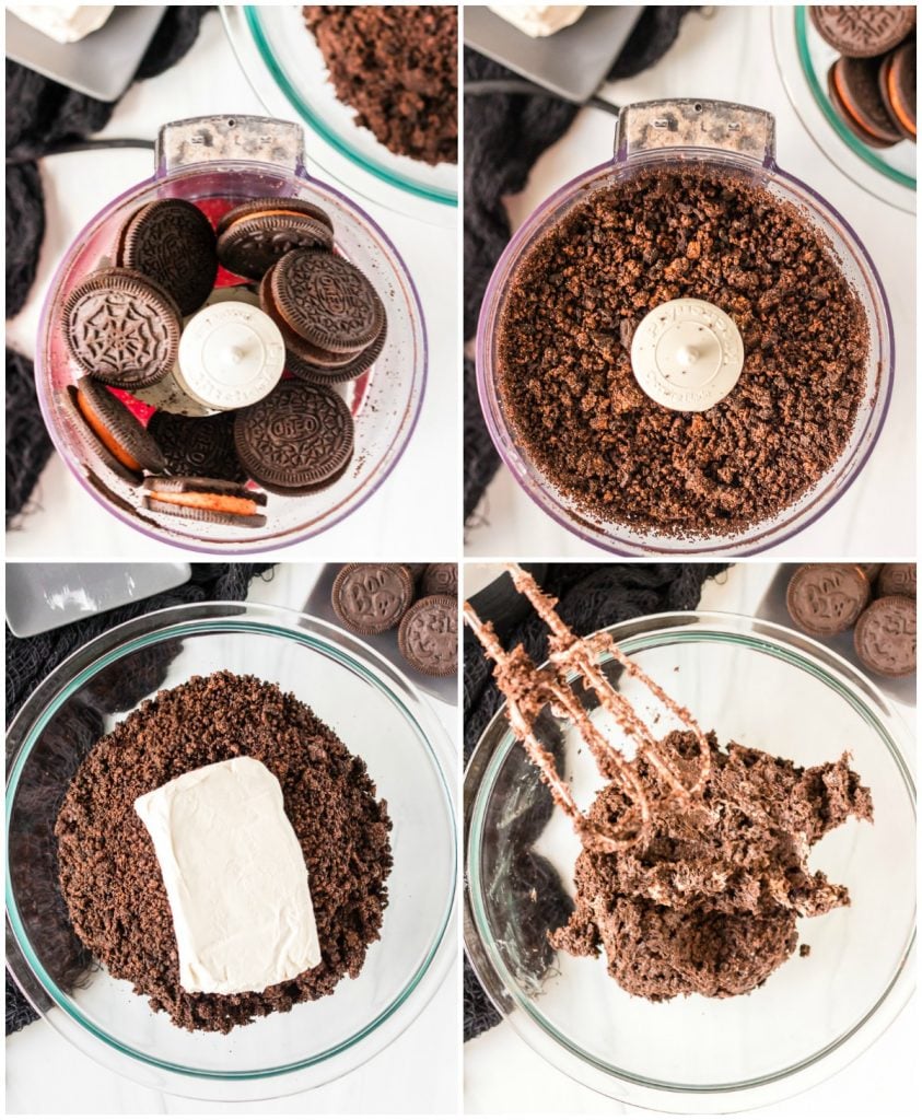 collage of crushing oreos in food processor