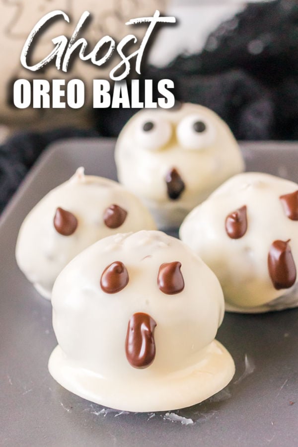 ghost oreo balls on a grey plate with text overlay
