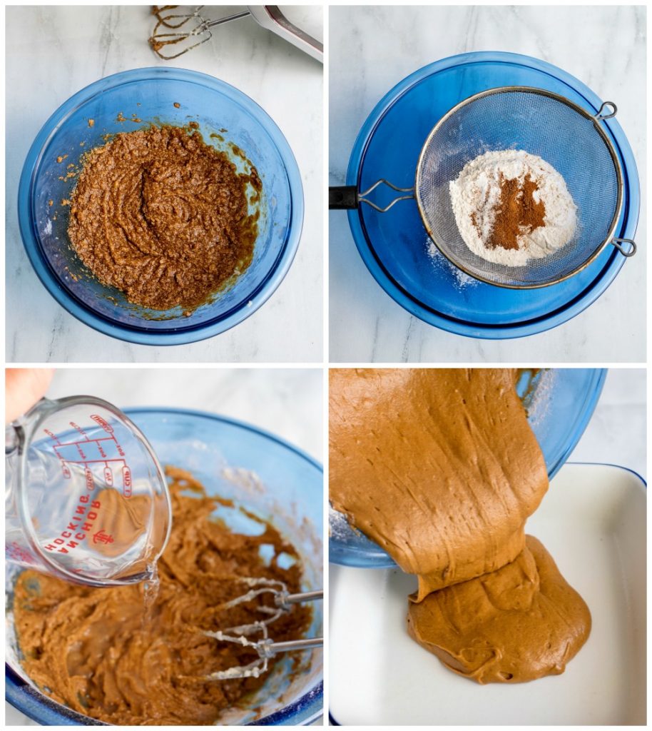 collage of mixing bowl making gingerbread cake batter