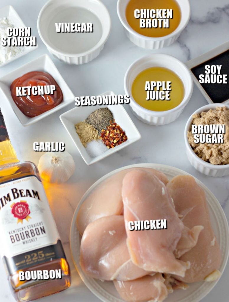 overhead shot of ingredients laid out to make bourbon chicken