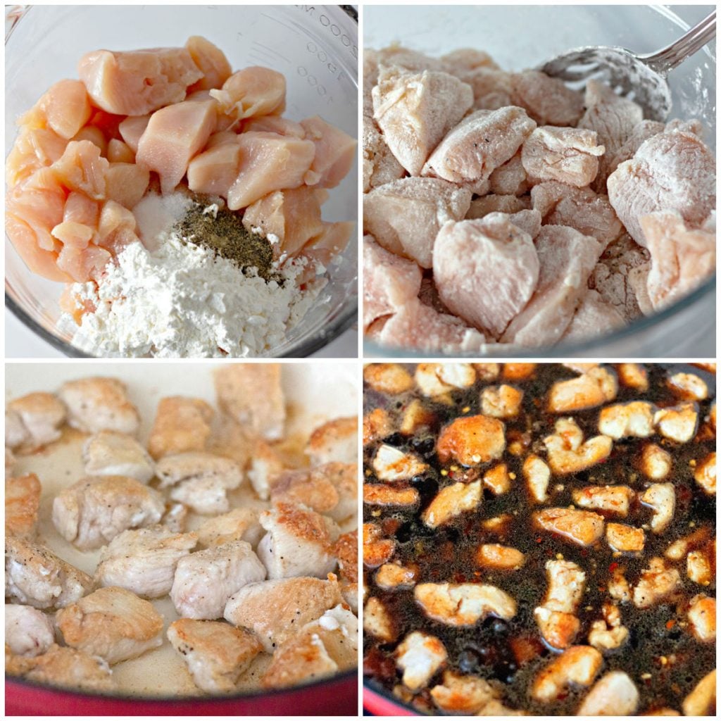 collage of making bourbon chicken in a skillet