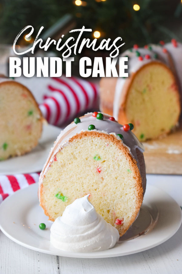 slice of bundt cake with a dollop of whipped cream with text reading "christmas bundt cake"