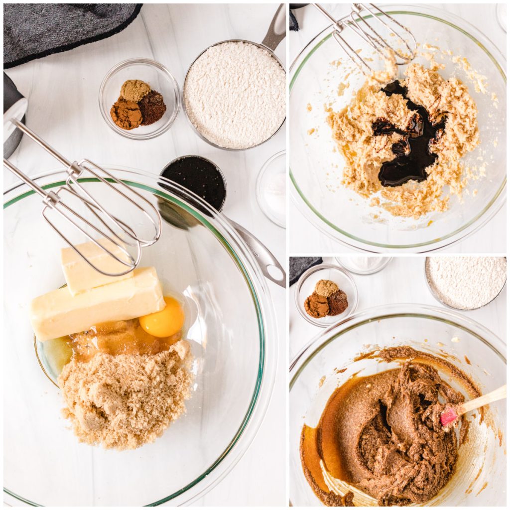 collage of mixing bowl with cookie dough