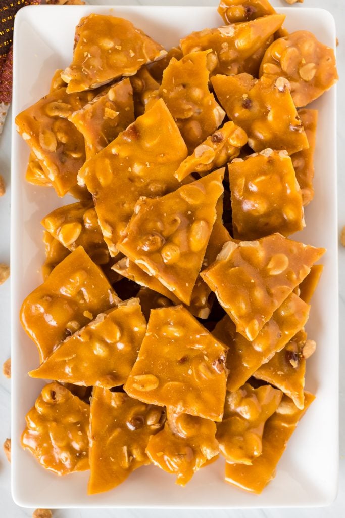 overhead shot of platter of peanut brittle