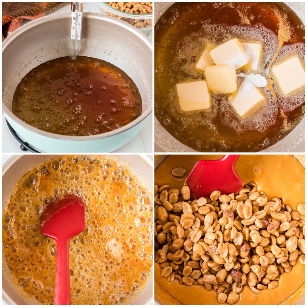 overhead shot of pot making peanut brittle process