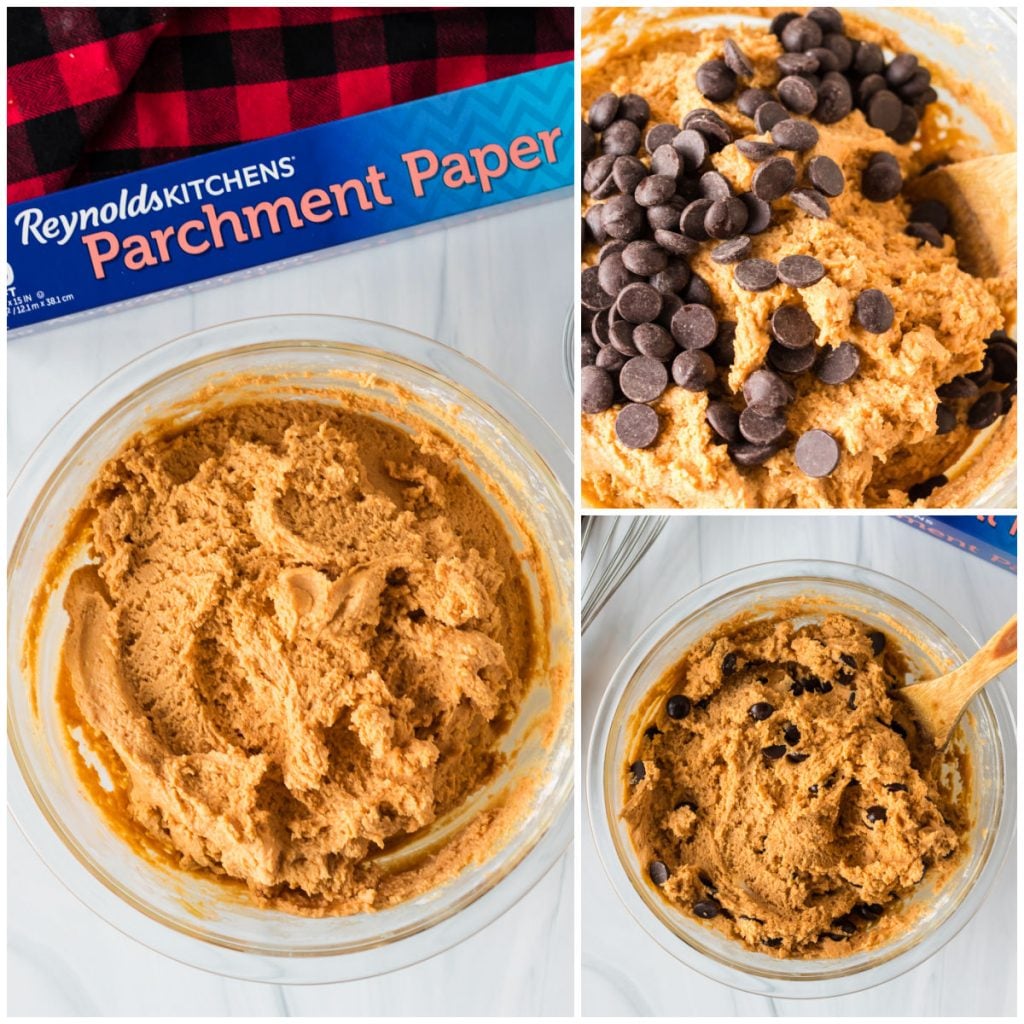 collage of mixing bowl making peanut butter cookies