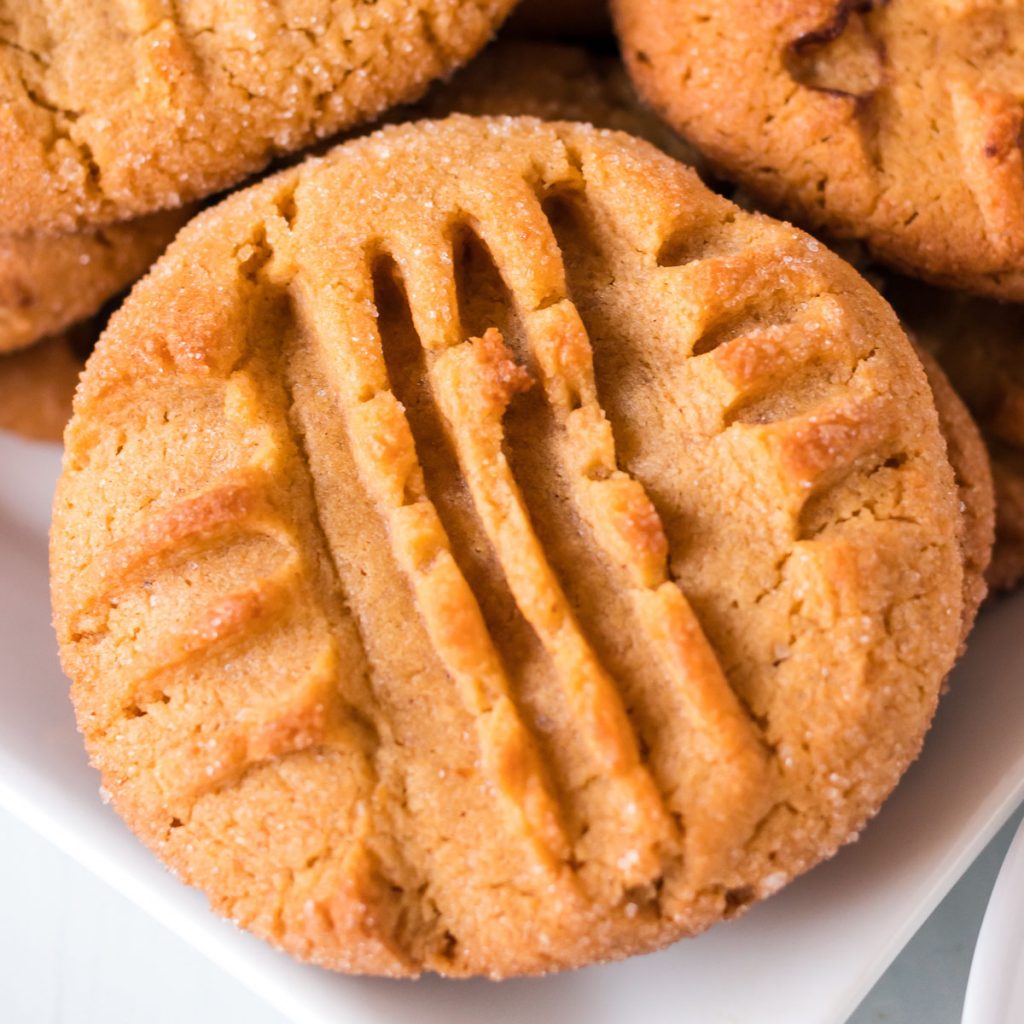 close up of peanut butter cookie with criss cross pattern