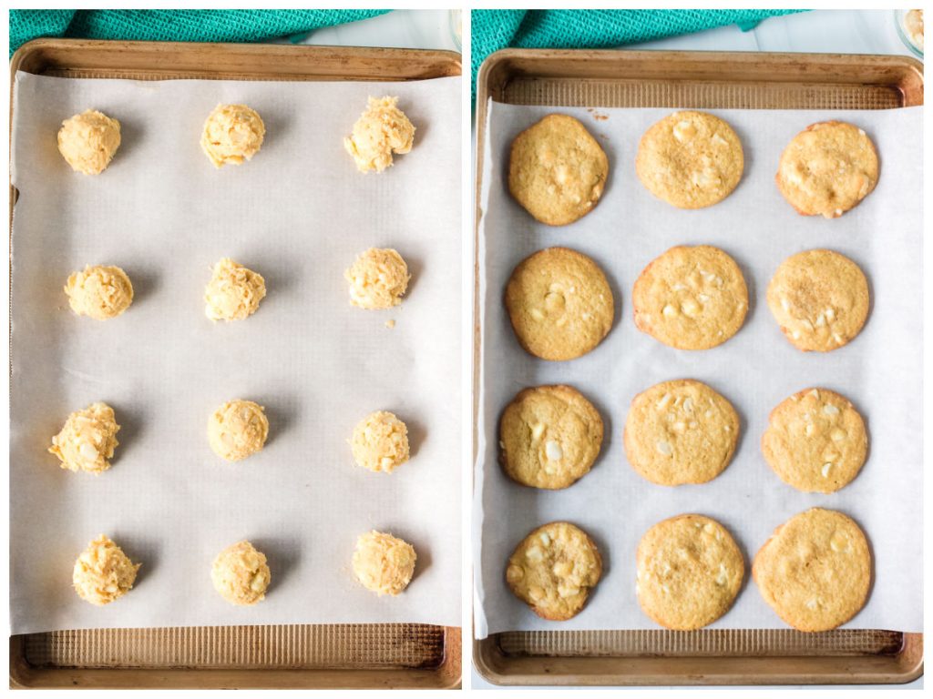 collage of cookie dough & fresh baked cookies on a cookie sheet