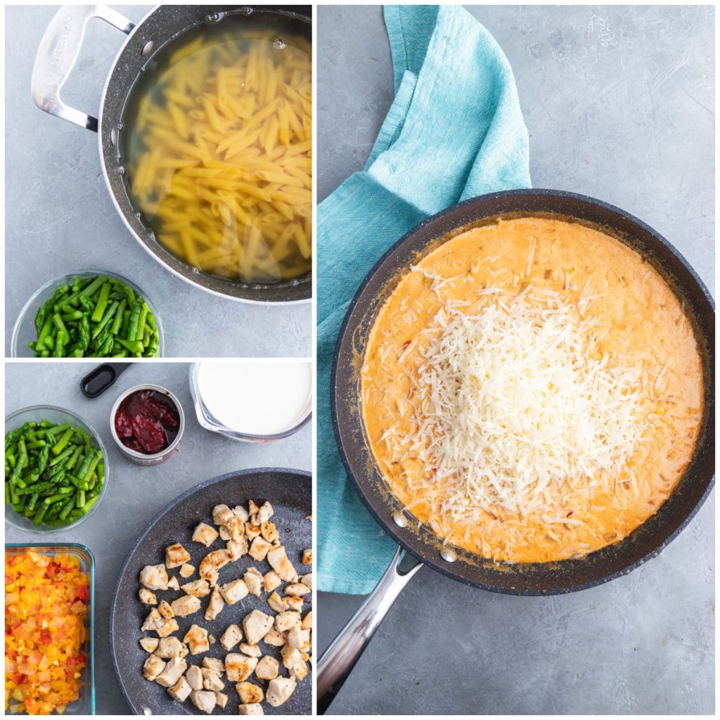 collage of making chipotle chicken pasta
