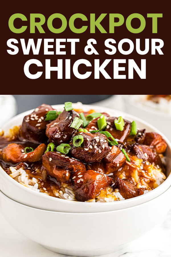 bowl of sweet and sour chicken with text that reads crockpot sweet and sour chicken
