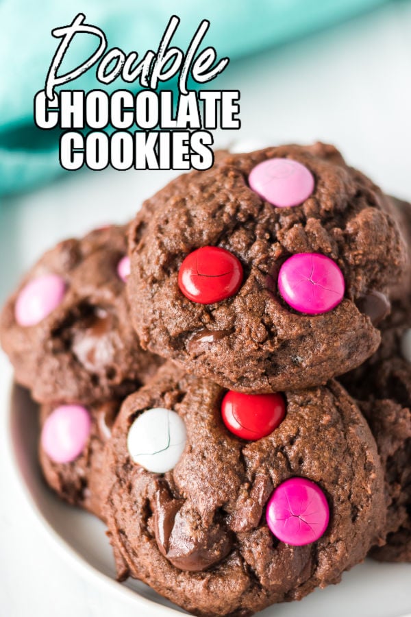 plate full of chocolate M&M cookies with text overlay