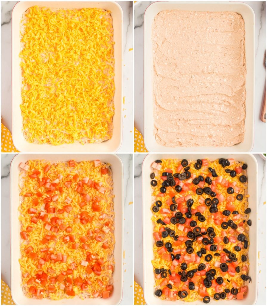 collage showing layers of taco dip being built