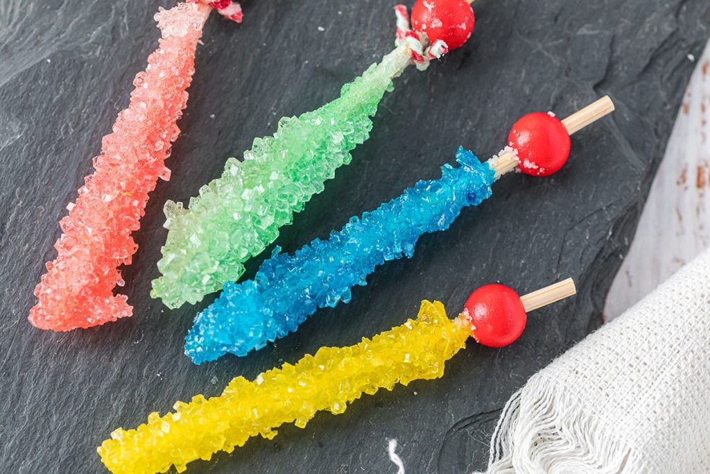 closeup of pink, green, blue, and yellow crystalized rock candy