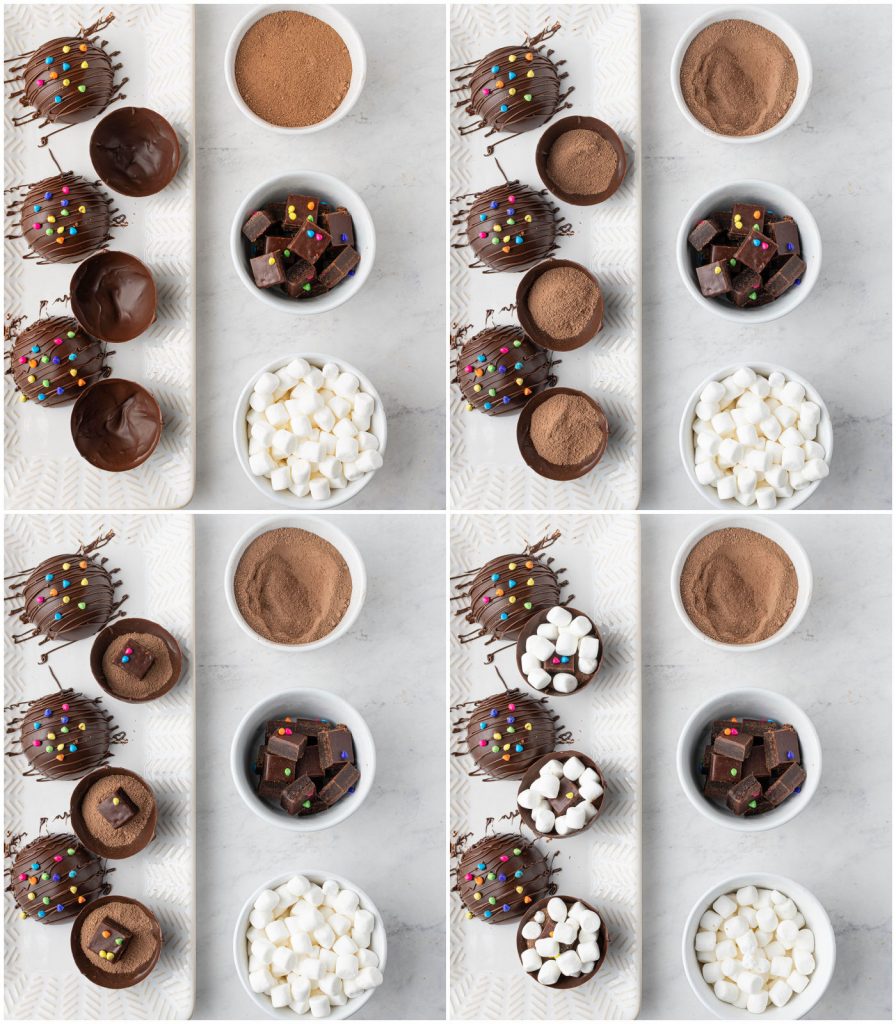 collage of filling a hot cocoa bomb with cocoa mix, brownie bite, mini marshmallows