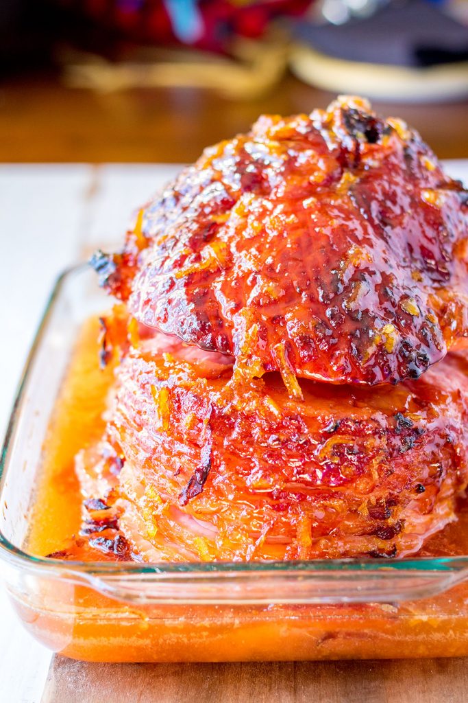 glazed baked ham in a casserole dish