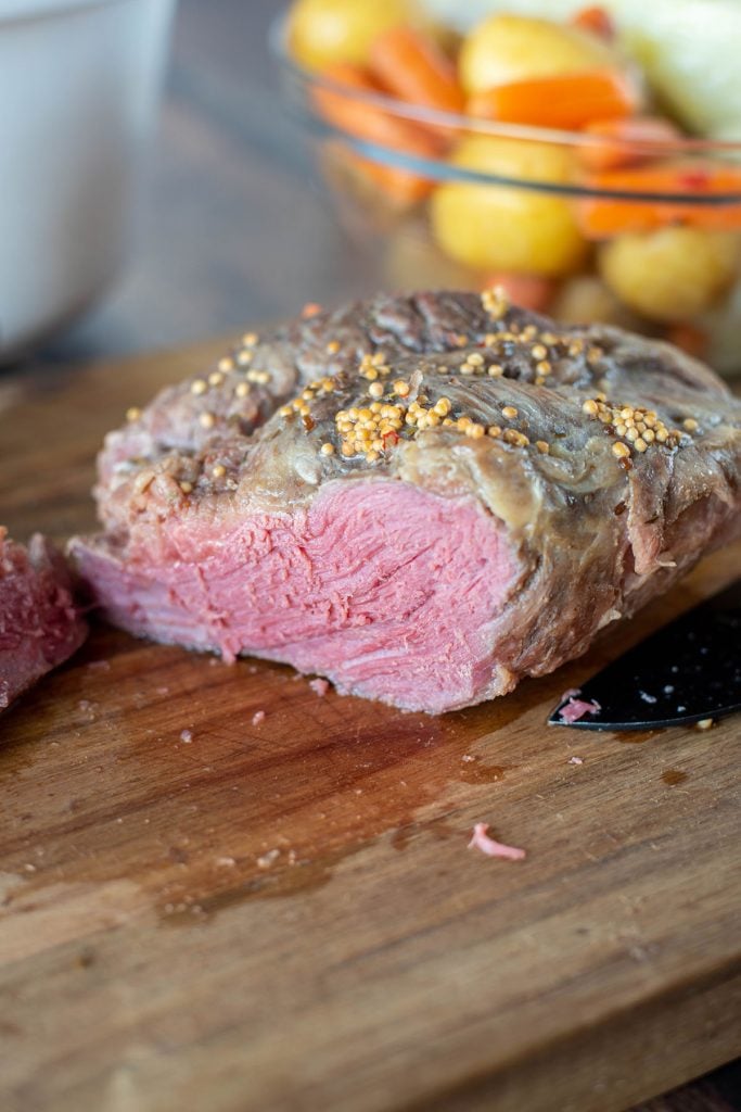 slice of corned beef on a cutting board