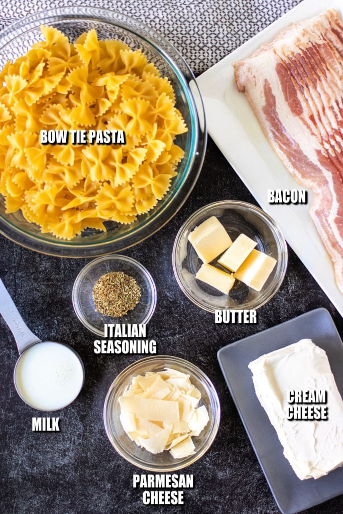 overhead shot of ingredients laid out to make bow tie pasta