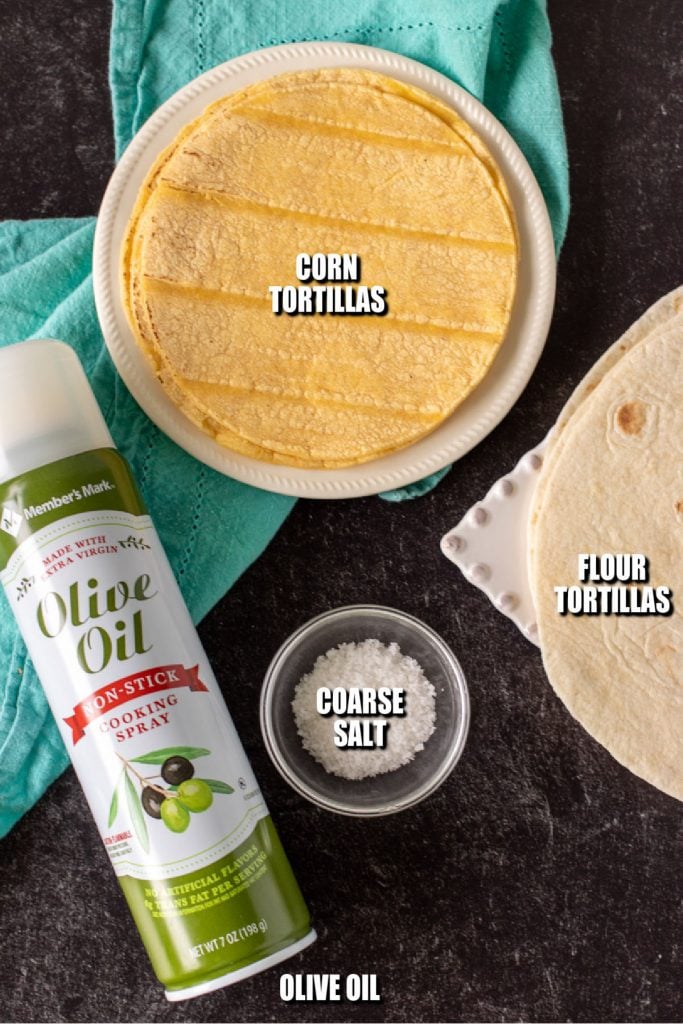 overhead shot of tortillas, salt, and olive oil spray