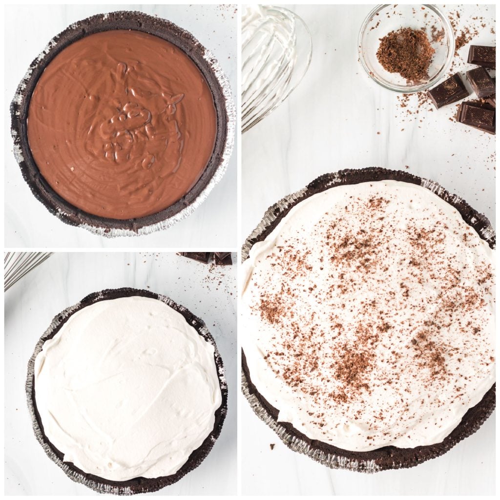 collage of overhead shots showing chocolate cream pie layers