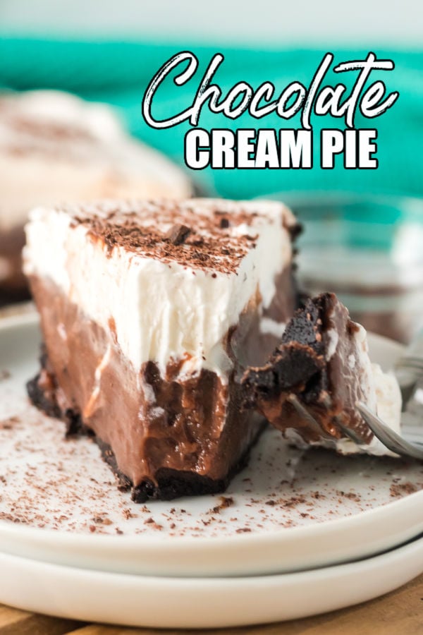 straight on shot of chocolate pie with a bite missing. text reads "chocolate cream pie"