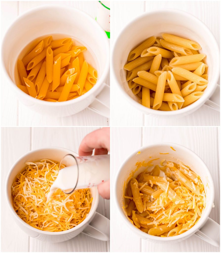 collage of 4 pics making mac n cheese